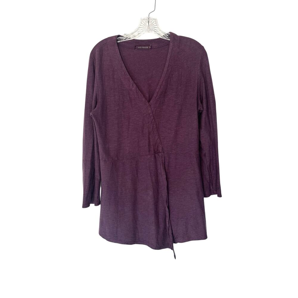 Cut Loose Top Purple V-Neck 3/4‎ Sleeve Linen Cotton Jersey Tuck Front Medium